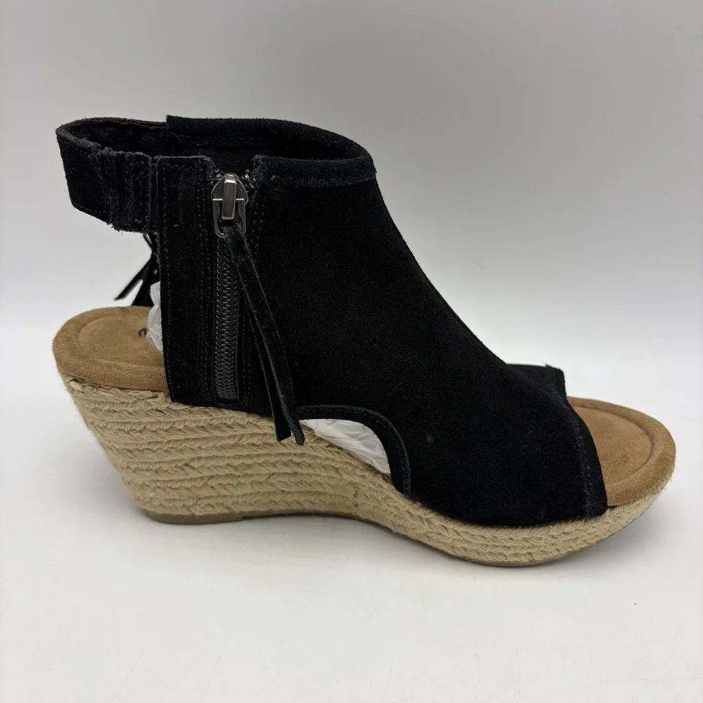 Wedge Espadrille Sandals Women 8 Blaire Black Suede Leather Fringe Festival Boho